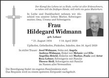 Traueranzeige Hildegard Widmann
