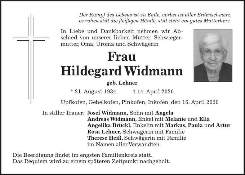 Traueranzeige Hildegard Widmann