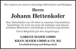 Traueranzeige Hettenkofer Johann