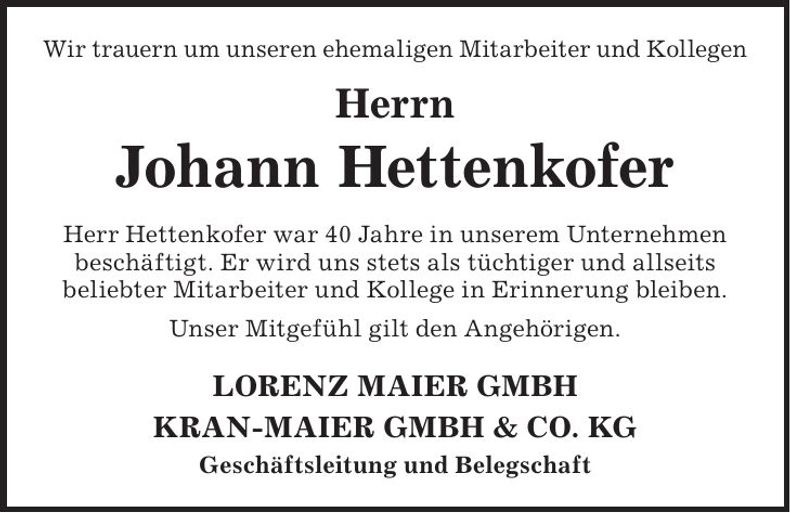 Traueranzeige Hettenkofer Johann