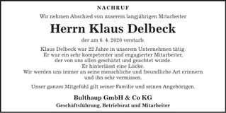 Traueranzeige Klaus Delbeck