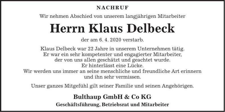 Traueranzeige Klaus Delbeck