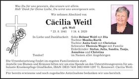Traueranzeige Cäcilia Weitl
