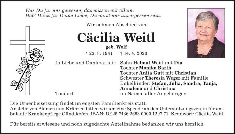 Traueranzeige Cäcilia Weitl