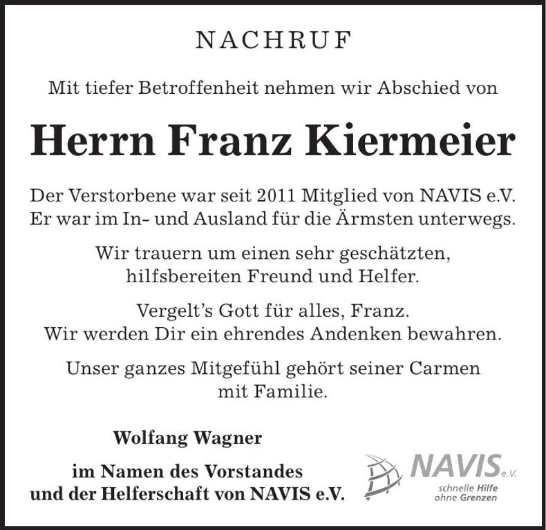 Traueranzeige Franz Kiermeier