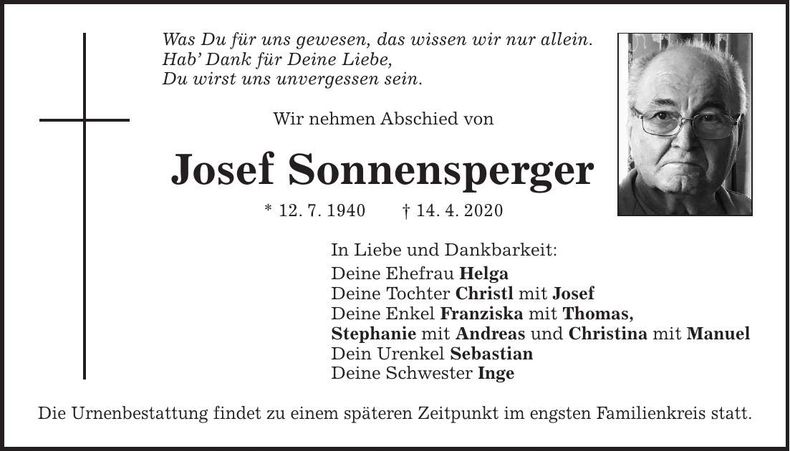 Traueranzeige Josef Sonnensperger