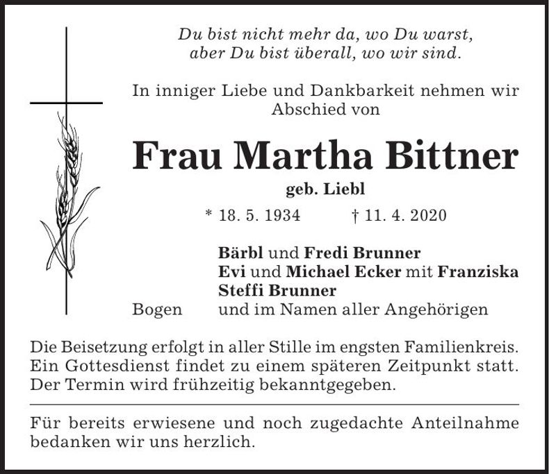 Traueranzeige Martha Bittner