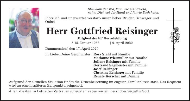 Traueranzeige Gottfried Reisinger