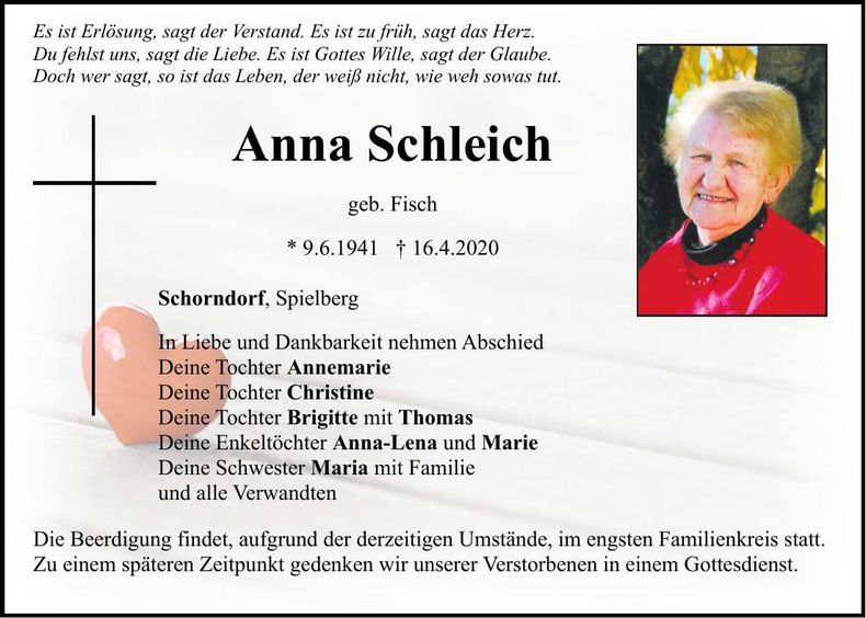Traueranzeige Anna Schleich