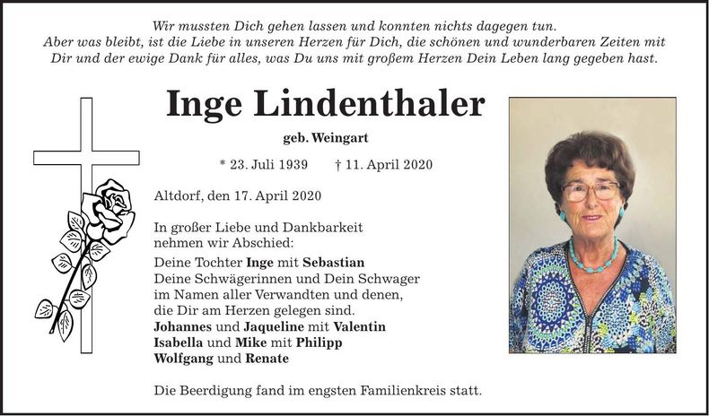 Traueranzeige Inge Lindenthaler