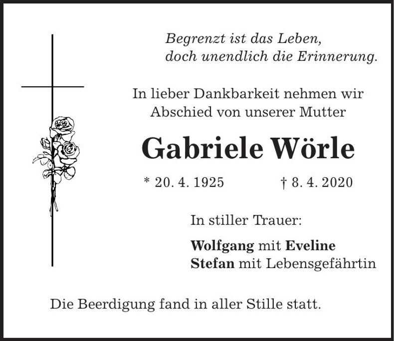 Traueranzeige Gabriele Wörle