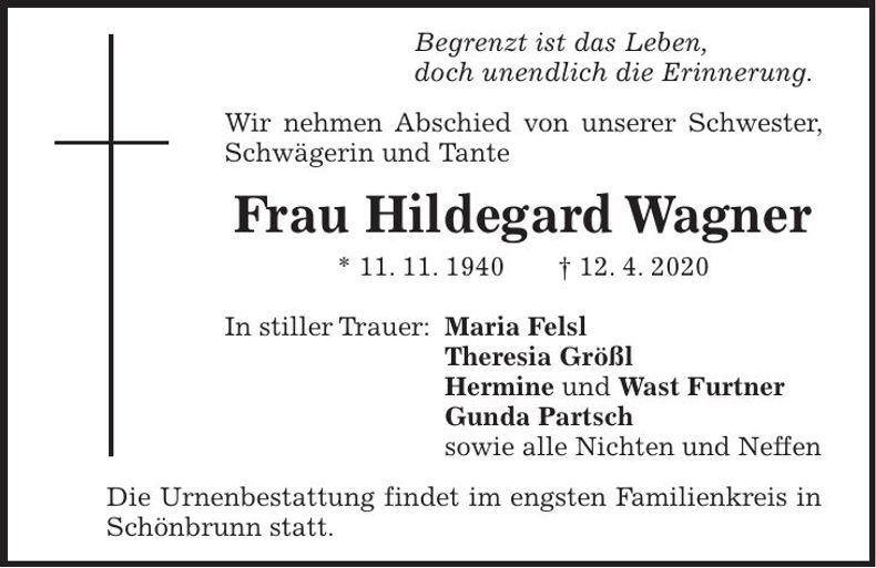 Traueranzeige Hildegard Wagner