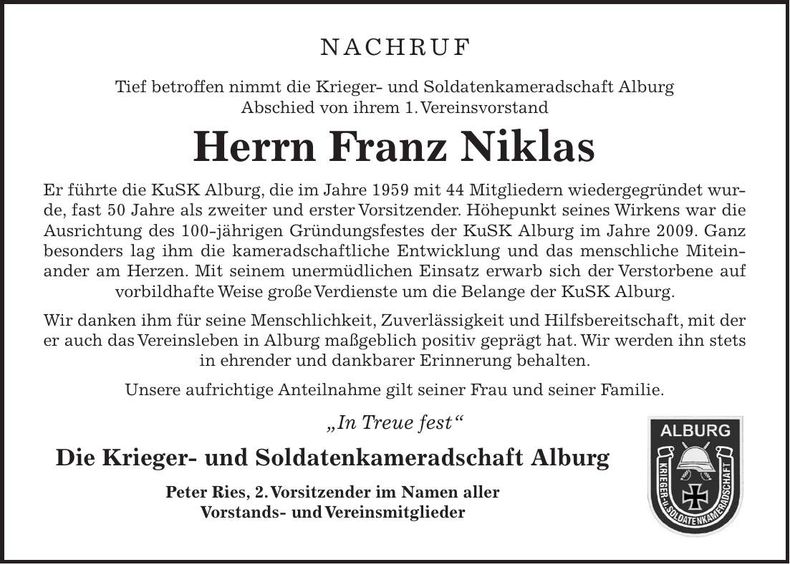 Traueranzeige Franz Niklas