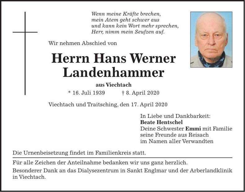 Traueranzeige Landenhammer Werner