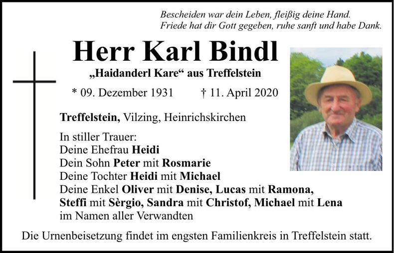 Traueranzeige Karl Bindl