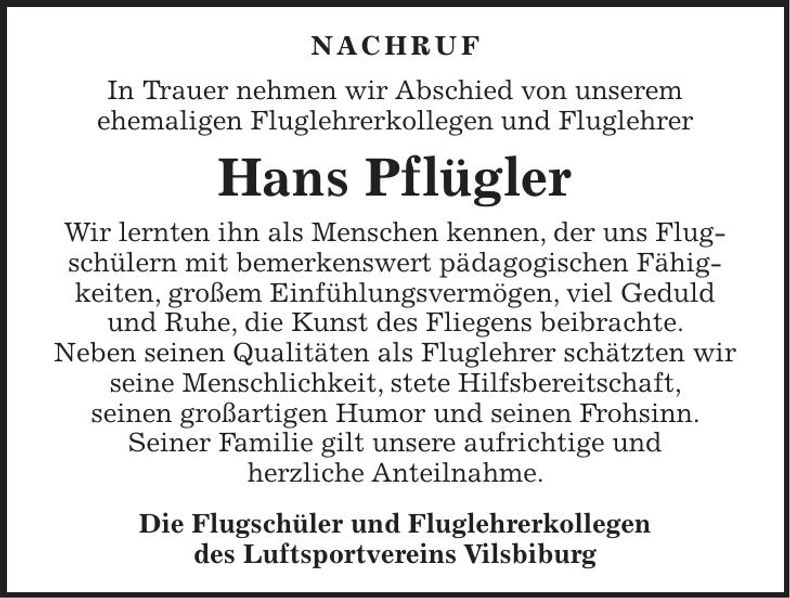 Traueranzeige Hans Pflügler