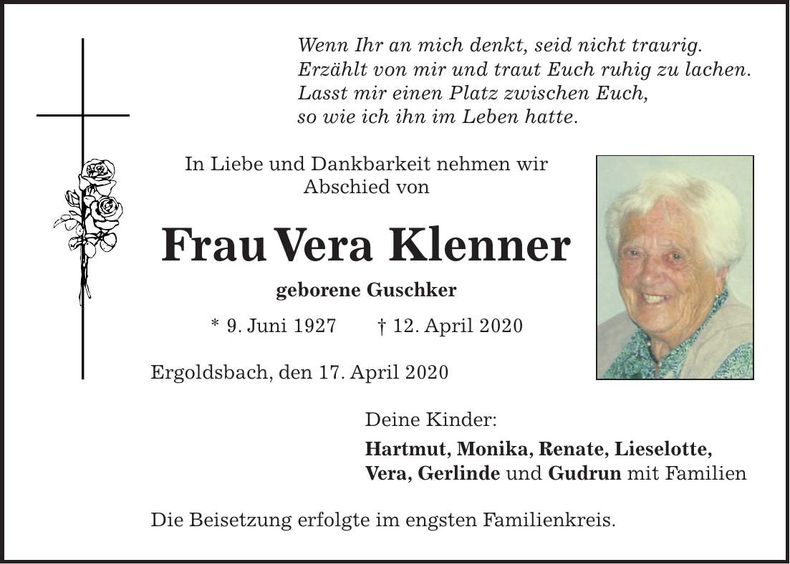 Traueranzeige Vera Klenner
