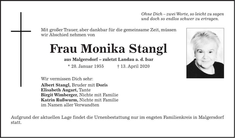 Traueranzeige Monika Stangl