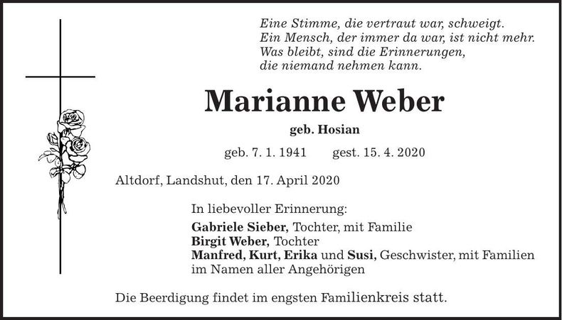 Traueranzeige Marianne Weber
