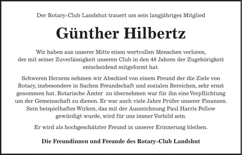 Traueranzeige Günther Hilberts