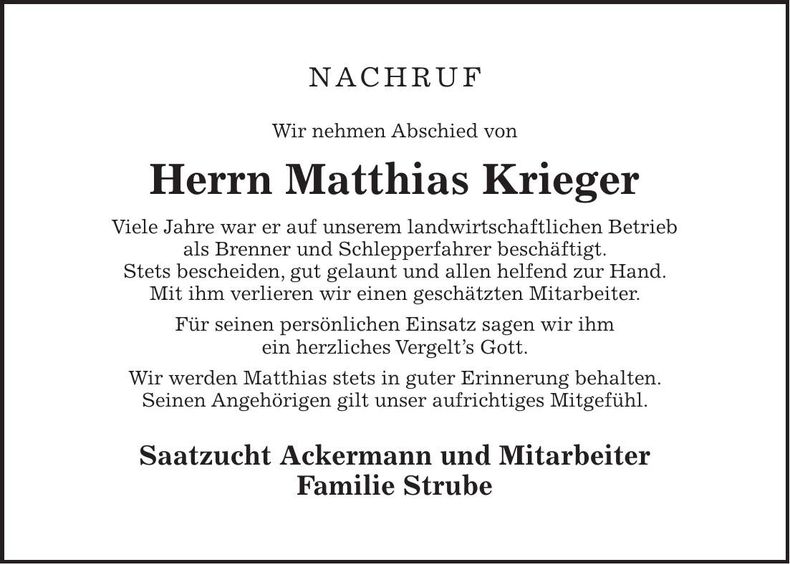 Traueranzeige Matthias Krieger