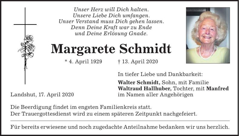 Traueranzeige Margarete Schmidt