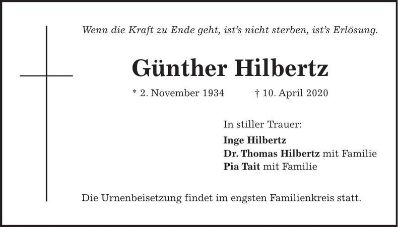 Traueranzeige Günther Hilbertz