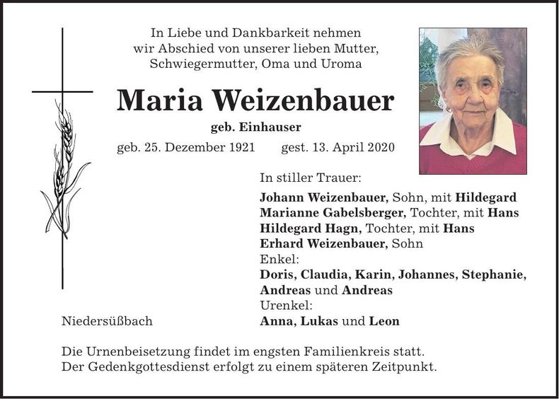 Traueranzeige Maria Weizenbauer