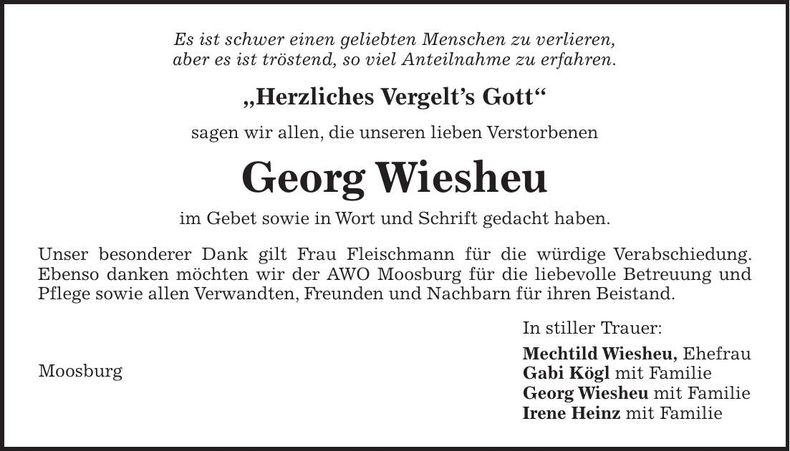 Traueranzeige Georg Wiesheu