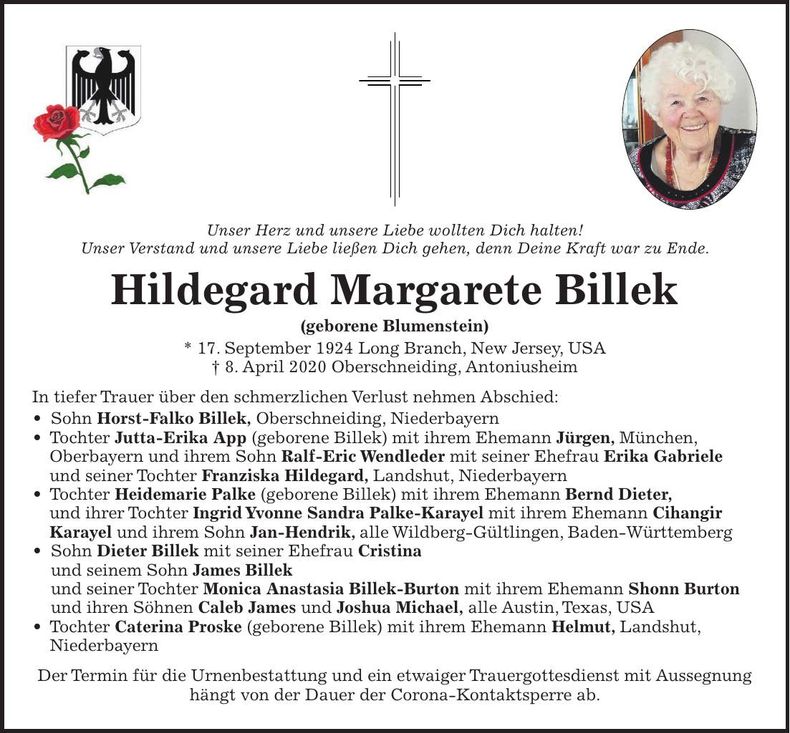 Traueranzeige Hildegard Margarete Billek