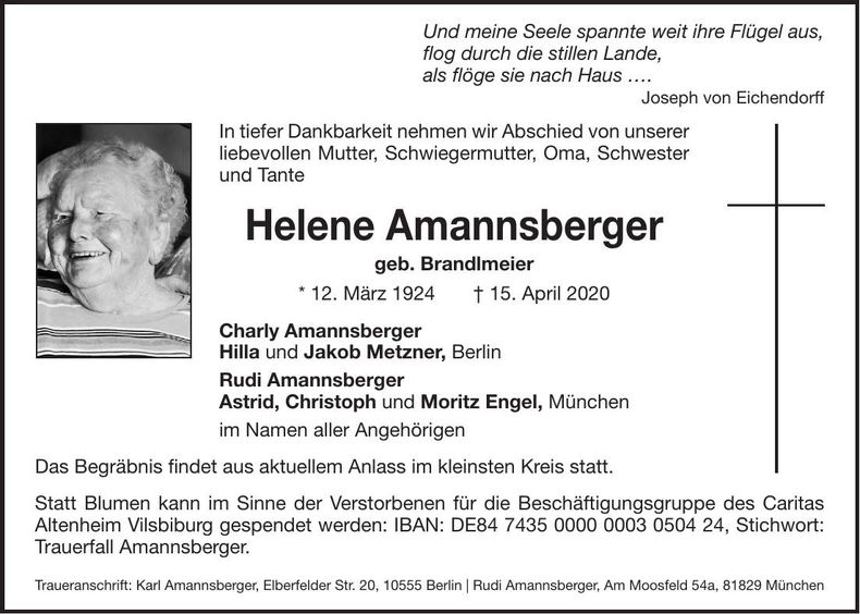 Traueranzeige Helene Amannsberger