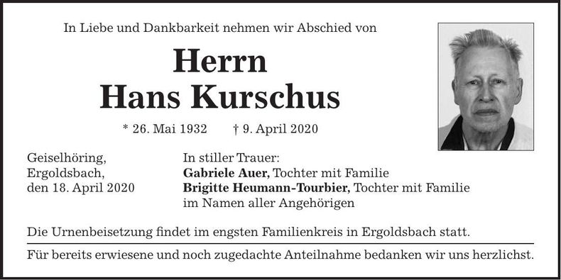 Traueranzeige Hans Kurschus