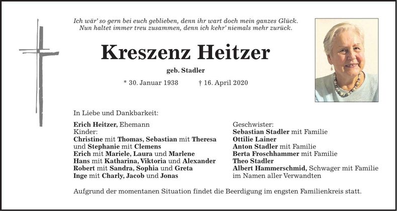 Traueranzeige Kreszenz Heitzer