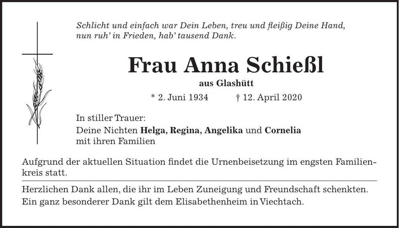 Traueranzeige Anna Schießl