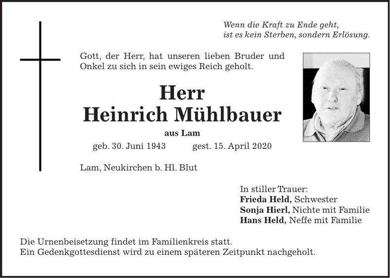 Traueranzeige Heinrich Mühlbauer