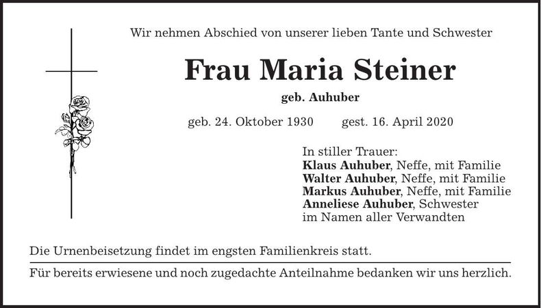 Traueranzeige Maria Steiner