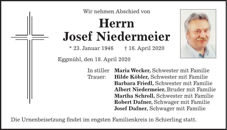 Traueranzeige Josef Niedermeier