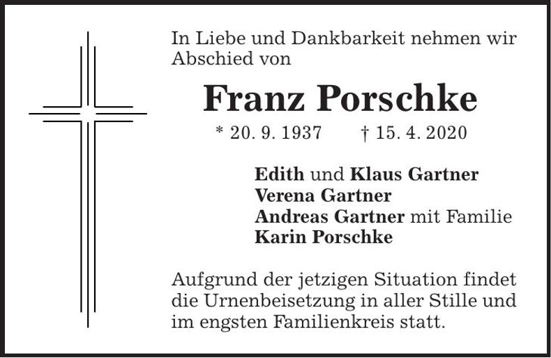 Traueranzeige Franz Porschke