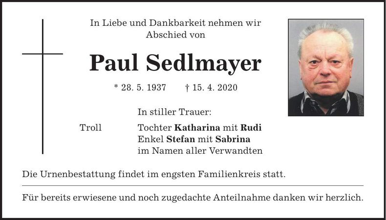 Traueranzeige Paul Sedlmayer