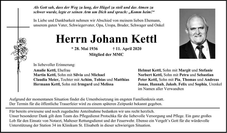 Traueranzeige Johann Kettl