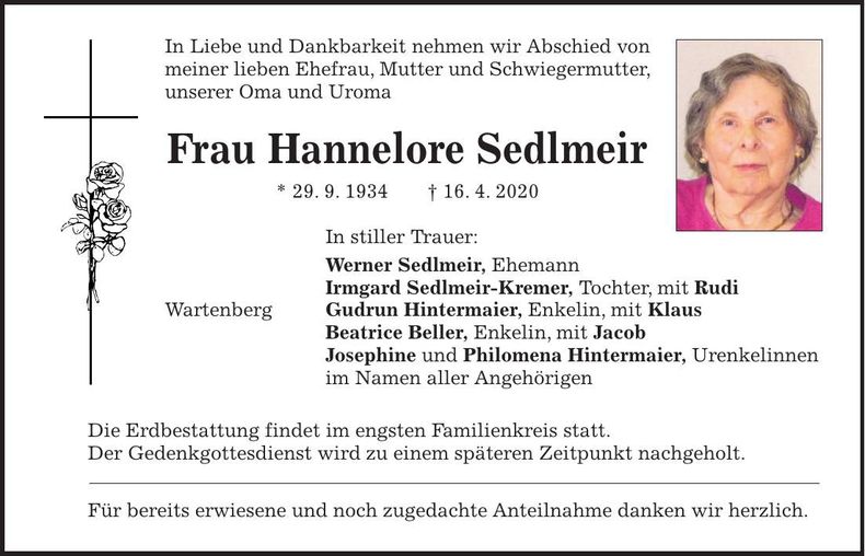 Traueranzeige Hannelore Sedlmeir