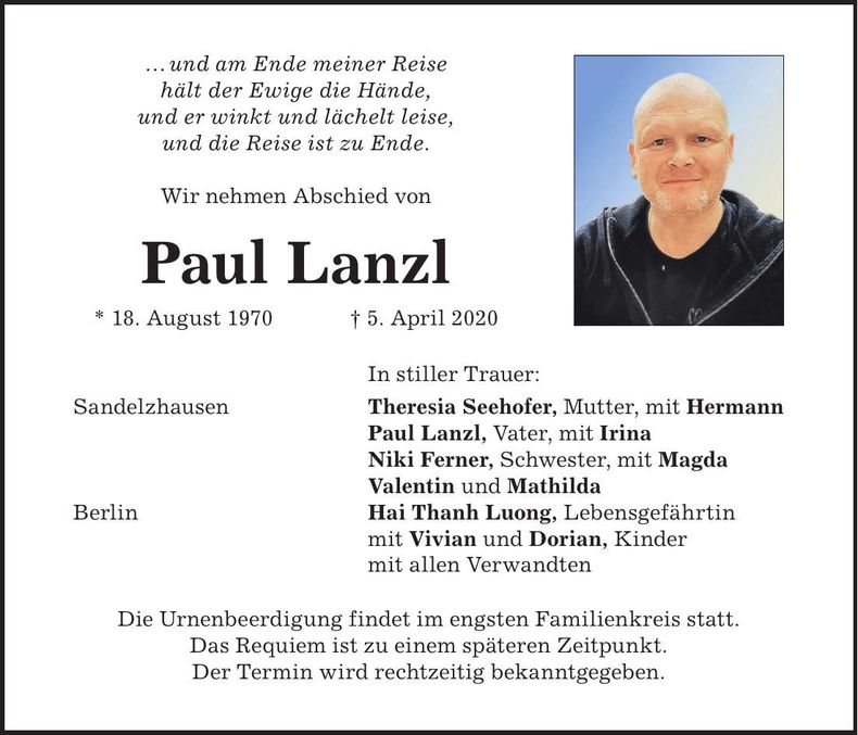 Traueranzeige Paul Lanzl