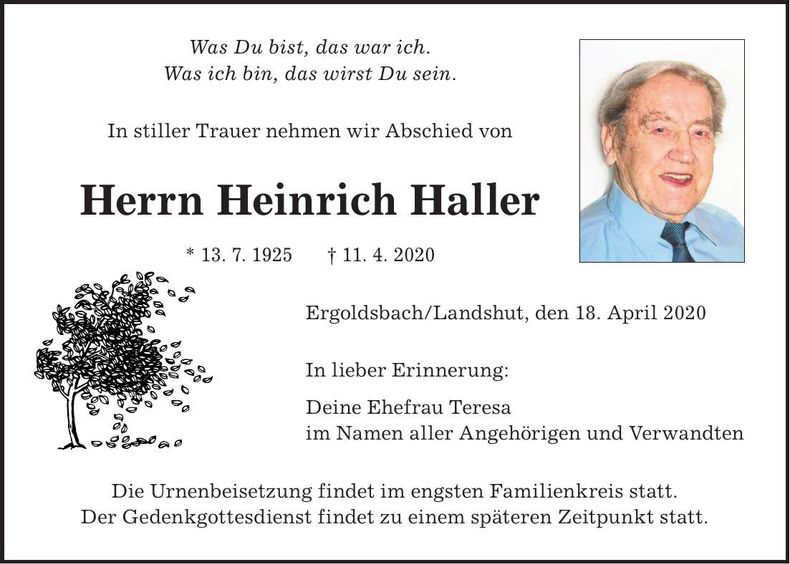 Traueranzeige Heinrich Haller