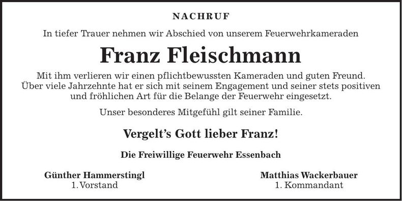 Traueranzeige Franz Fleischmann