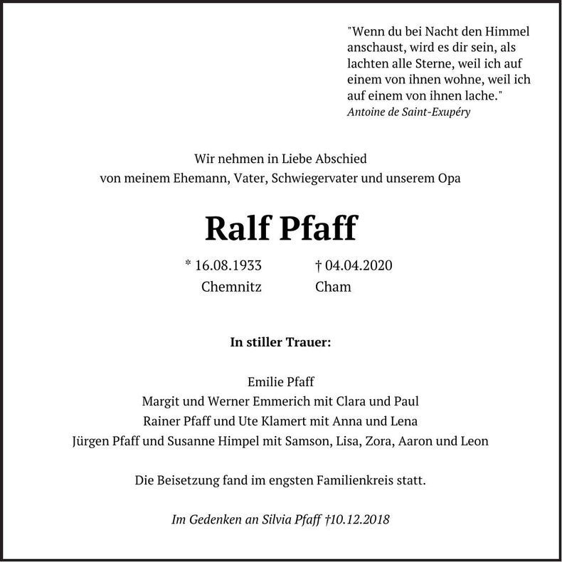 Traueranzeige Ralf Pfaff