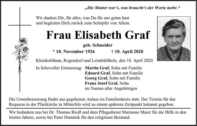 Traueranzeige Elisabeth Graf