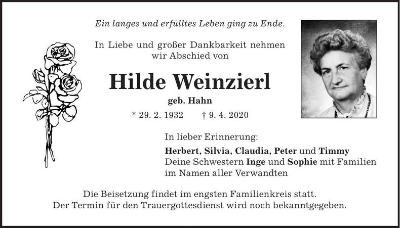 Traueranzeige Hilde Weinzierl