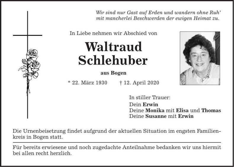 Traueranzeige Waltraud Schlehuber