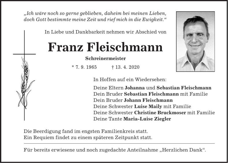 Traueranzeige Franz Fleischmann
