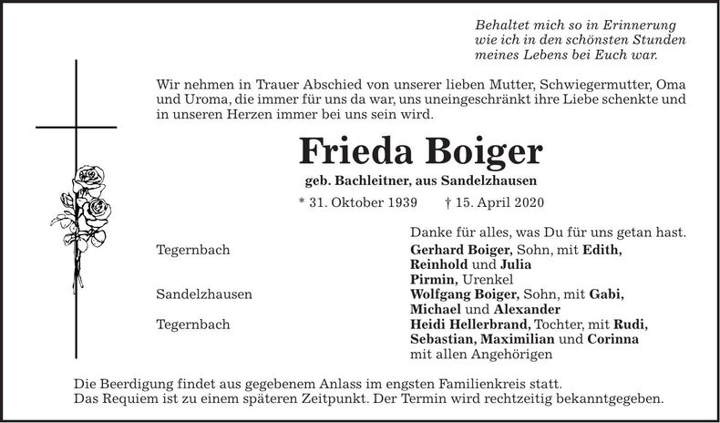 Traueranzeige Frieda Boiger